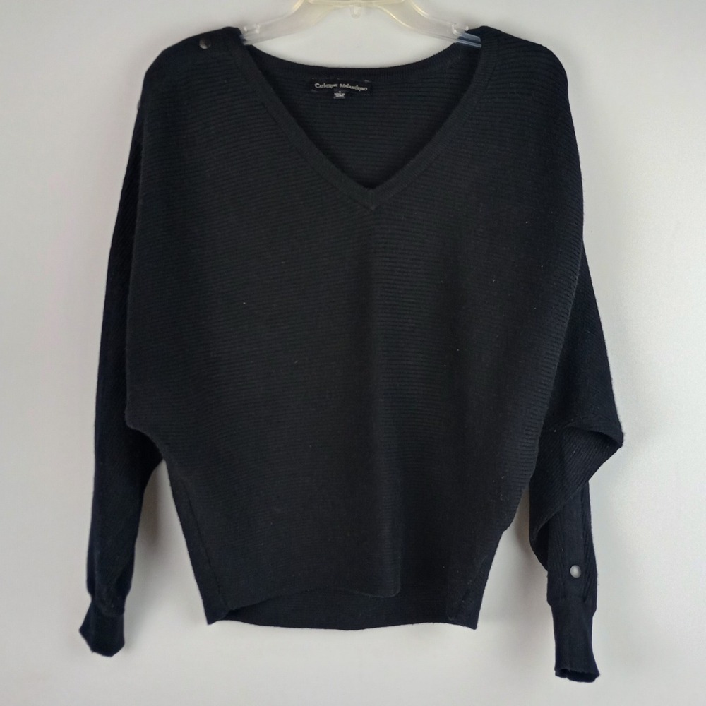 Catherine Malandrino Womens S Black Ribbed Vneck Batwing Sleeve Button Sweater